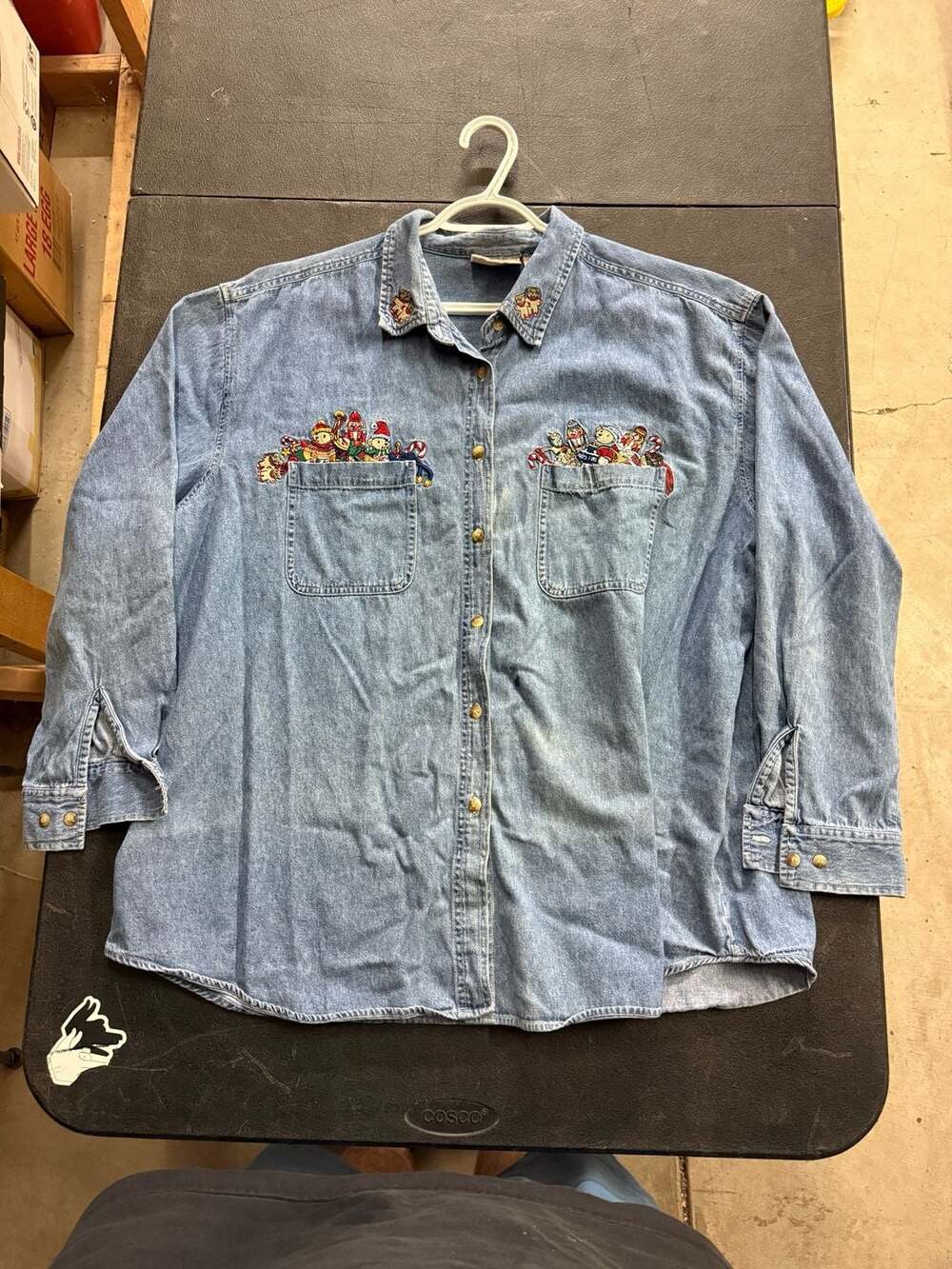 Faded Glory Vintage Christmas Teddy Bear Embroidered Denim Button Down Shirt 22W